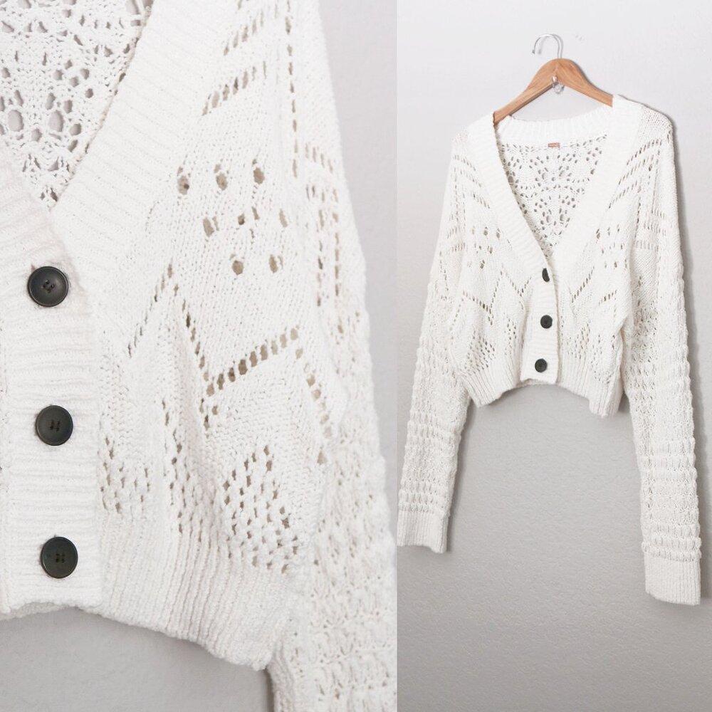 Free People Chloe Cardigan M Evening Cream White Loose Knit Cropped Sweater $128 - Picture 13 of 15